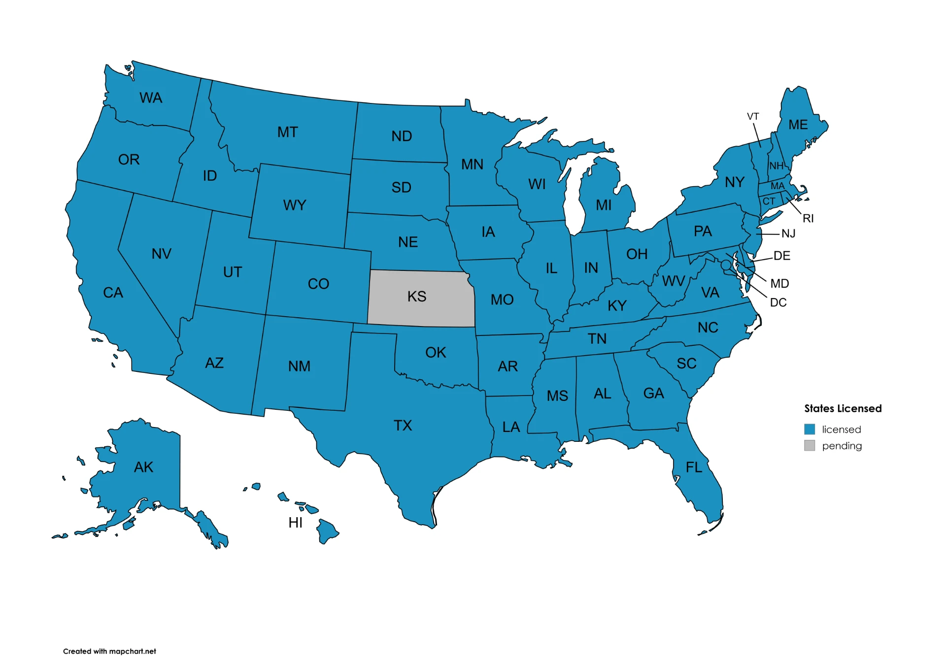 Map of US states where ProCompounding Pharmacy is licensed to ship prescriptions